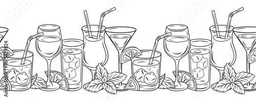 Vector seamless border with cocktail glasses, lemon slices, and mint leaves. Monochrome horizontal friezes with drinks in contour style.