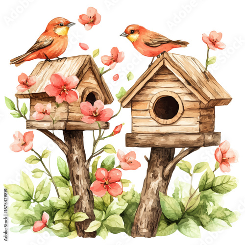Birdhouses With Spring Blossoms, watercolor illustration vector, isolated on a white background.