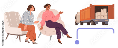 Two women seated on chairs engaged in conversation while a delivery truck loaded with boxes symbolizes moving or transportation. Ideal for moving, logistics, teamwork, relocation, planning