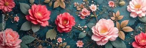 Intricate floral pattern swirls across a polished marble surface, creating a luxurious and elegant design Perfect for backgrounds, textures, and design projects , flower, vintage