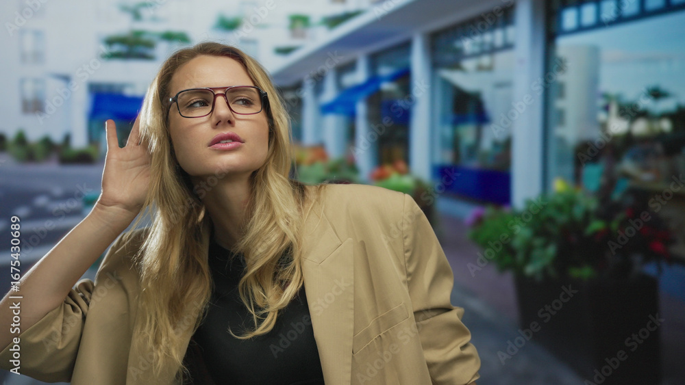 Fototapeta premium Woman with blonde hair on city street listens while posing outdoors wearing glasses and a beige jacket suggesting curiosity and urban exploration.