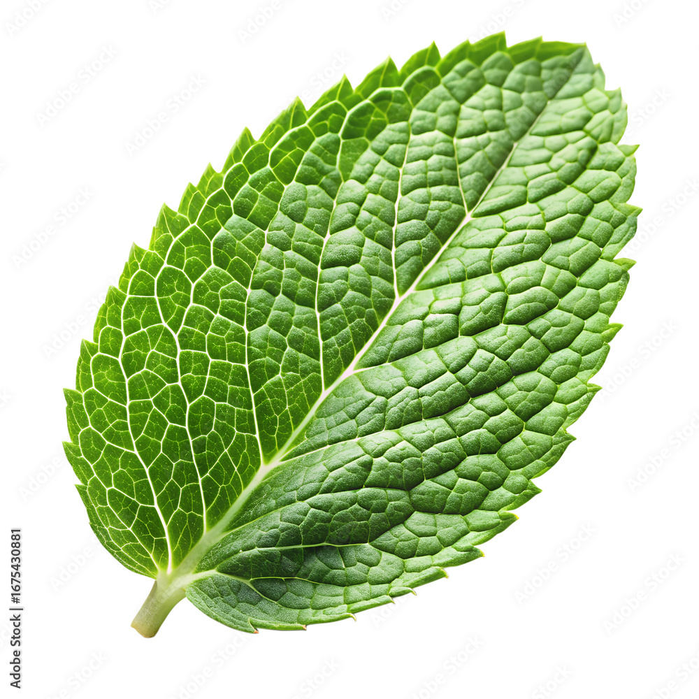 Fototapeta premium A single fresh mint leaf with intricate veining, isolated on a transparent background, showcasing its vibrant green color and texture