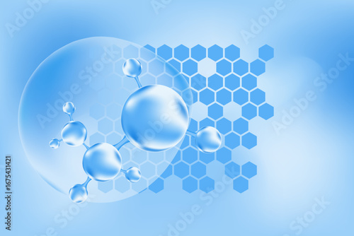 Light blue hyaluronic acid serum molecule icon, collagen water drop. Cosmetology honeycomb cell texture. Liquid glowing watercolor gradient background for beauty treatment, moisturizing skin care