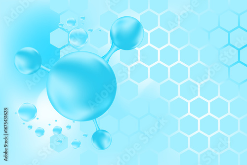 Light blue hyaluronic acid serum molecule icon, collagen water drop. Cosmetology honeycomb cell texture. Liquid glowing watercolor gradient background for beauty treatment, moisturizing skin care