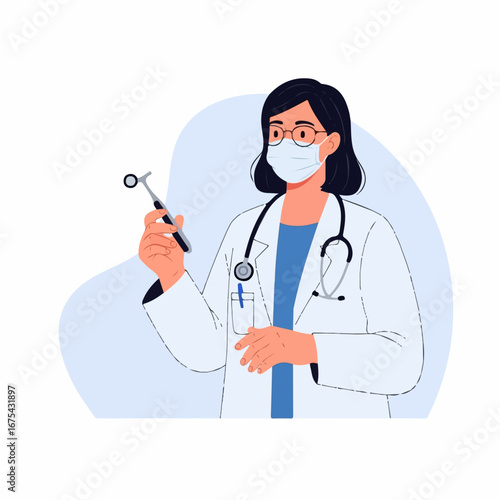 A female doctor, wearing a mask and glasses, holds a medical instrument against a light blue background, conveying professionalism and care.