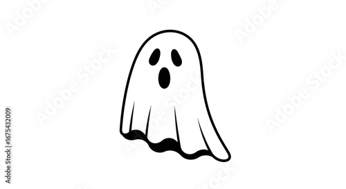 A simple black and white cartoon ghost illustration with a surprised expression and a wavy, floating sheet-like body.