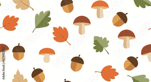Autumnal Pattern of Stylized Acorns and Mushrooms in Warm Hues
