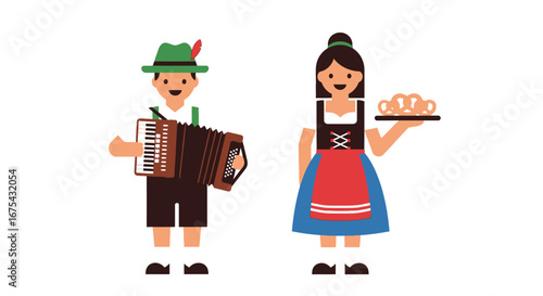 Bavarian Couple with Accordion and Pretzels in Traditional Attire