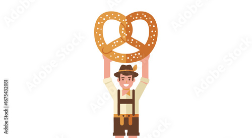 Bavarian Man Holding a Large Pretzel, Smiling and in Traditional Costume