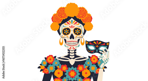 Calavera Catrina with Floral Dress and Mask, Day of the Dead Style