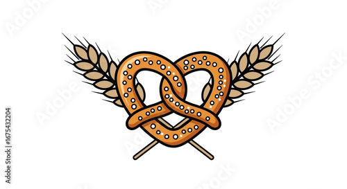 Cartoon golden brown salted pretzel with two wheat stalks, a traditional baked snack illustration.
