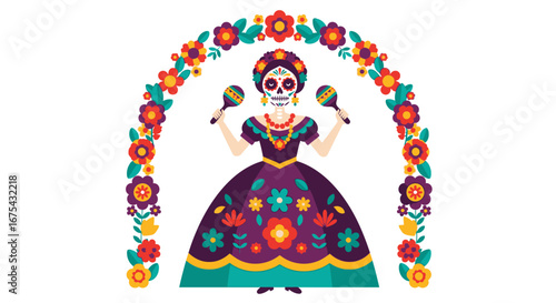 Calavera Catrina with sugar skull makeup and maracas under a colorful floral arch.