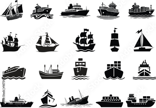 Ship and marine boat set water transport symbol. vessels for travel and transportation set of ship at sea, sail boats, yacht, passenger craft, cruiser and cargo ships Warship navy silhouettes set