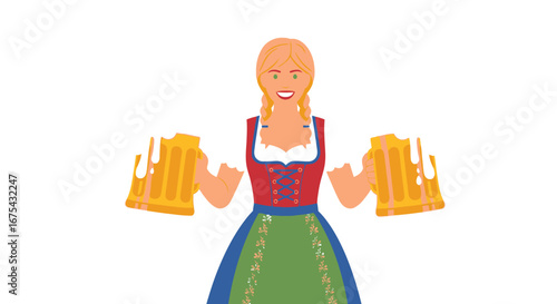 Cheerful blonde woman in traditional dirndl holding two large frothy beer steins, flat vector illustration.