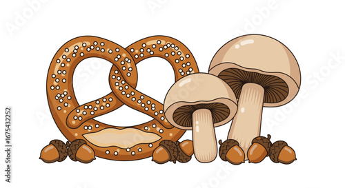 Cartoon pretzel with salt, mushrooms, and acorns, brown and beige colors.