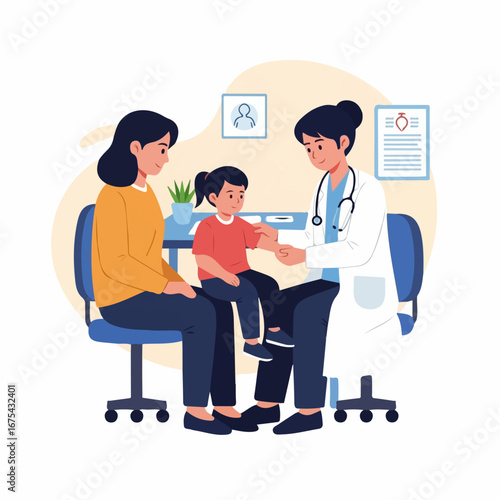 A reassuring female doctor examines a young girl during a checkup, her mother present in a calm and supportive medical office.