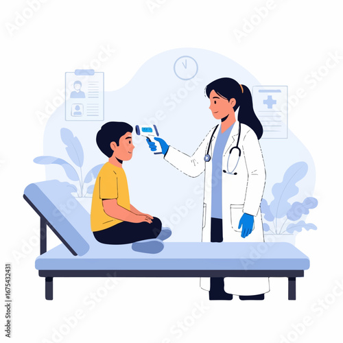 A female doctor uses a contactless thermometer to check the temperature of a young boy during a checkup in a calm, clean medical office.