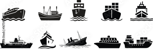 Ship and marine boat set water transport symbol. vessels for travel and transportation set of ship at sea, sail boats, yacht, passenger craft, cruiser and cargo ships Warship navy silhouettes set