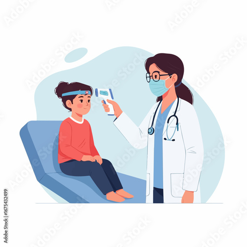 A doctor in a mask uses a contactless thermometer to check the temperature of a young girl sitting on an examination table, creating a scene of calm medical care.