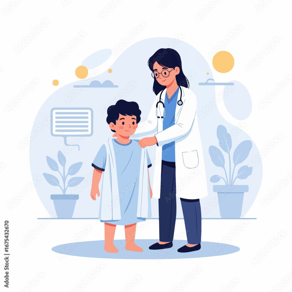 A kind female doctor helps a young boy put on a hospital gown in a calm and reassuring medical setting. A kind female doctor helps a young boy put on a hospital gown in a calm and reassuring medical setting.