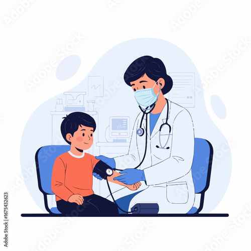 A masked doctor attentively checks a young boy's blood pressure in a calm, modern clinic setting.