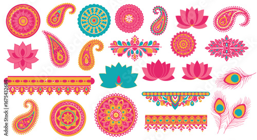 Colorful Indian-Inspired Decorative Elements: Paisley, Lotus, Mandalas, and Peacock Feathers