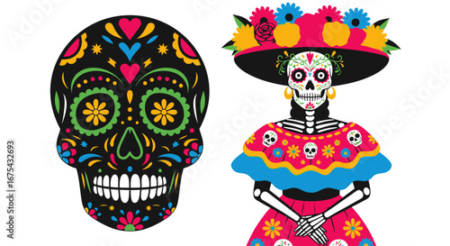 Colorful Sugar Skull and Catrina Illustration for Day of the Dead