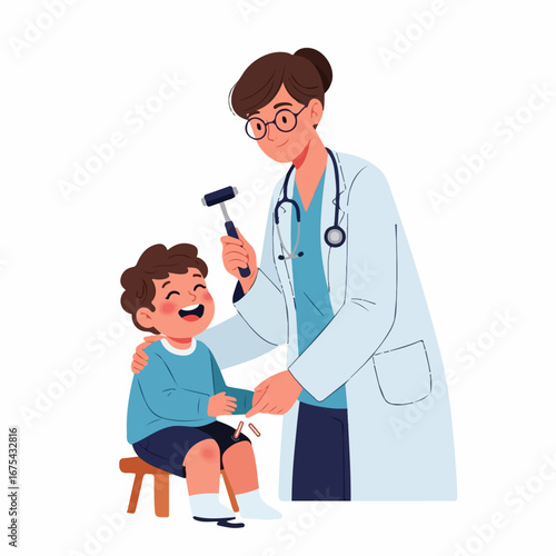A cheerful pediatrician examines a laughing young boy, using a reflex hammer during a playful checkup in her office.