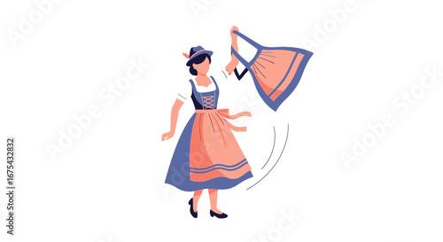 Dancing woman in a traditional blue and pink dirndl dress with a feathered hat.