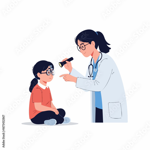 A female ophthalmologist gently examines a young girl's eyes with a penlight during a routine checkup, creating a calm and caring atmosphere.