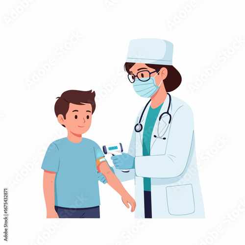 A female doctor in a white coat gently checks a young boy's temperature with a contactless thermometer, providing a reassuring and caring medical scene.