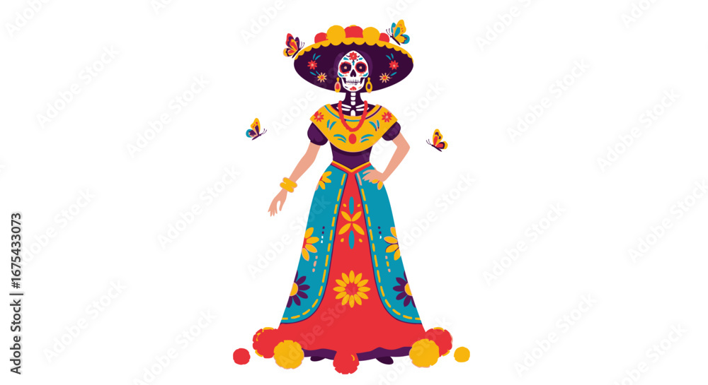 Fototapeta premium Elegant Catrina with Floral Hat and Colorful Dress Illustration
