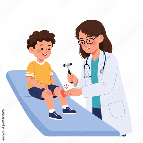 A smiling female doctor performs a knee reflex test on a young boy during a checkup, creating a reassuring and professional medical scene.