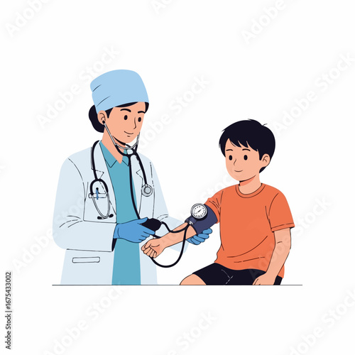 A friendly female doctor checks a young boy's blood pressure during a cheerful checkup.