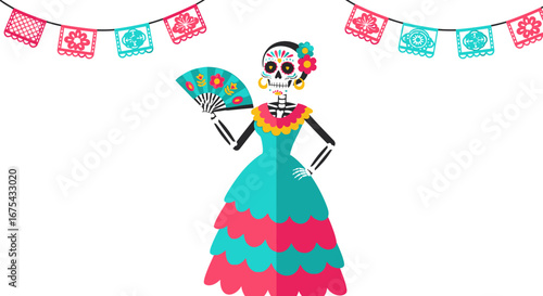 Elegant Calavera in Dress with Fan, Celebrating Day of the Dead