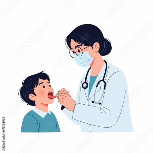 A masked female doctor carefully examines a young boy's throat during a checkup, conveying care and professionalism.