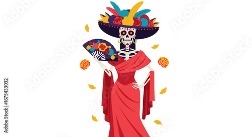 Elegant Catrina with Fan and Feathered Hat, Day of the Dead