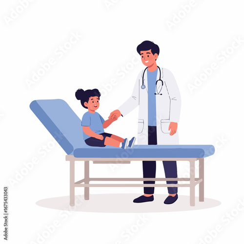 A friendly doctor reassures a smiling young girl during a checkup on an examination table in a bright, clean doctor's office.