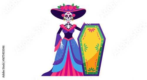 Elegant Catrina with Coffin, Day of the Dead Celebration