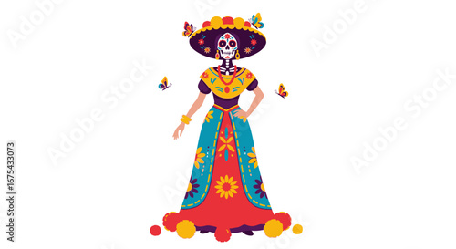 Elegant Catrina with Floral Hat and Colorful Dress Illustration