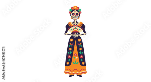 Elegant Catrina with Floral Crown and Fan, Day of the Dead