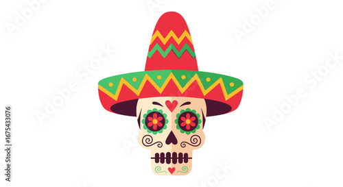 Festive Calavera sugar skull with floral eyes and a colorful patterned sombrero for Dia de los Muertos.