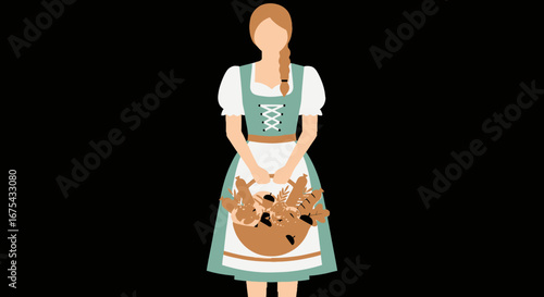 Faceless woman with braided hair in a traditional dirndl dress holding a harvest basket.
