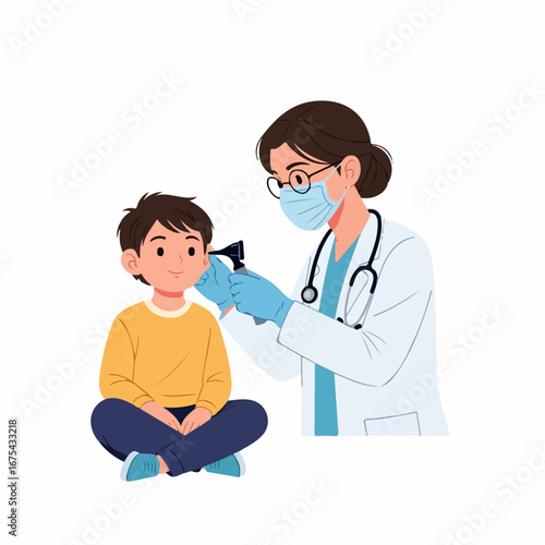 A female doctor in a mask gently examines a young boy's ear with an otoscope during a checkup.