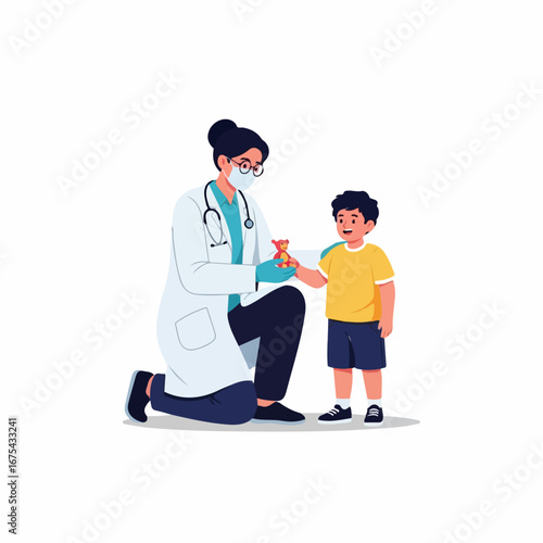 A compassionate female doctor, wearing a mask, kneels to comfort a smiling young boy, gently handing him a teddy bear.