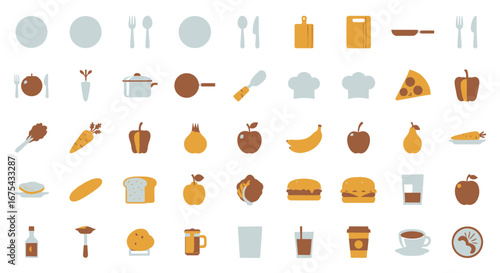 Flattened Food and Kitchen Utensil Icons in Warm Tones