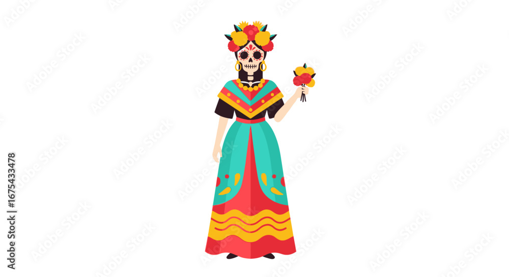 Fototapeta premium La Catrina with Flowers, Day of the Dead Illustration