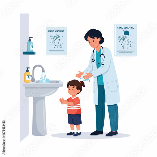 A doctor patiently guides a little girl in proper handwashing techniques at a clean, modern sink.