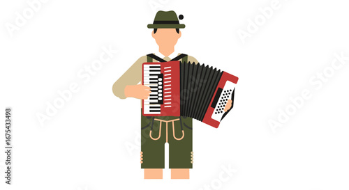 Man in Traditional Bavarian Outfit Playing a Red Accordion