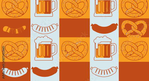 Oktoberfest-Style Pretzel, Beer Mug, and Sausage Illustration